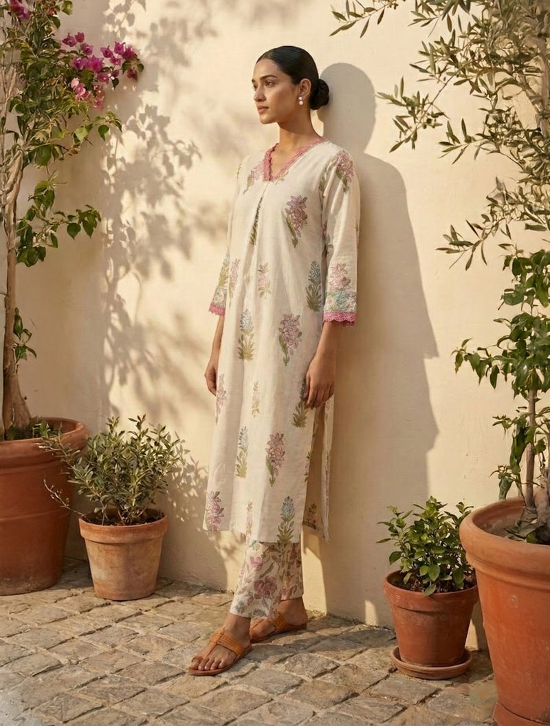 trueBrowns Ivory Floral Boota Print Kurta Pant Set - Image 3